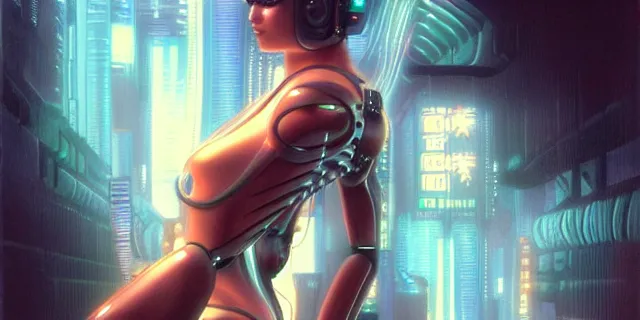 Image similar to beauty Blade Runner woman, robotic arms, cyberpunk, lots of cables and wiring, electrical details, trending on artstation, by Hajime Sorayama and Boris Vallejo