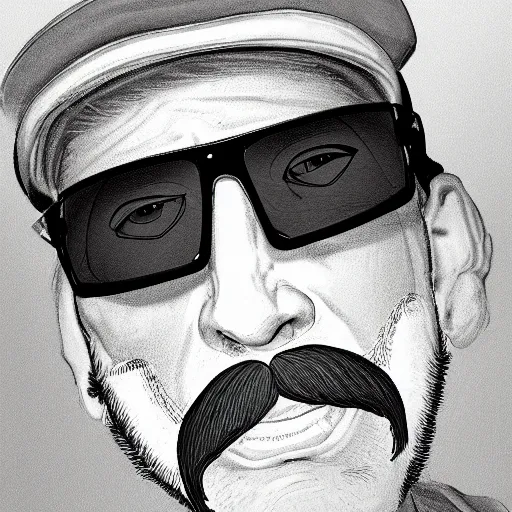 Prompt: the portrait of a man with sunglasses, a red cap, cartoon style, mustache, detailed face, portrait, high detail, ultra realistic, high quality, high definiton, hyper realistic, 4 k uhd,