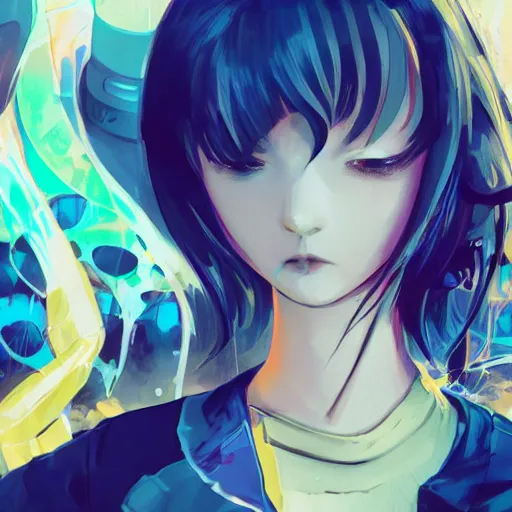 Image similar to Frequency indie album cover, luxury advertisement, indigo filter, blue and black colors. highly detailed post-cyberpunk sci-fi close-up schoolgirl in asian city in style of cytus and deemo, mysterious vibes, by Ilya Kuvshinov, by Greg Tocchini, nier:automata, set in half-life 2, beautiful with eerie vibes, very inspirational, very stylish, with gradients, surrealistic, dystopia, postapocalyptic vibes, depth of field, mist, rich cinematic atmosphere, perfect digital art, mystical journey in strange world, beautiful dramatic dark moody tones and studio lighting, shadows, bastion game, arthouse