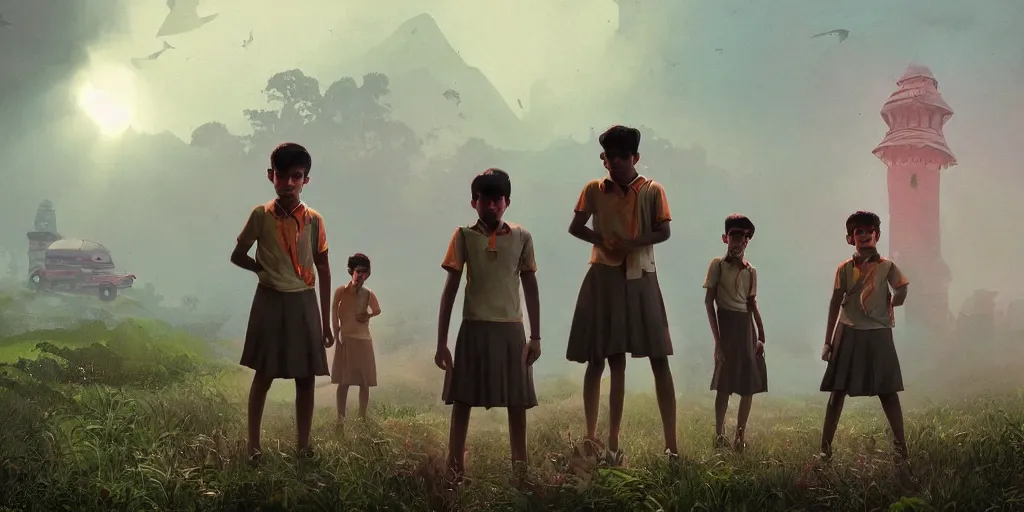 Image similar to kerala school boys wearing girls dresses posing for a photo, an epic fantasy, dramatic lighting, cinematic, establishing shot, extremely high detail, photorealistic, cinematic lighting, artstation, matte painting by simon stalenhag, shadow of the tomb rider