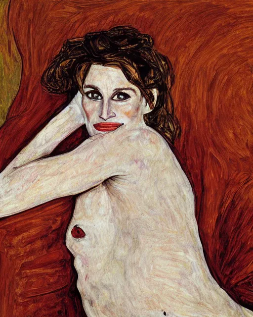 Image similar to portrait of julia roberts on the sofa reading a book, in the style of Egon Schiele