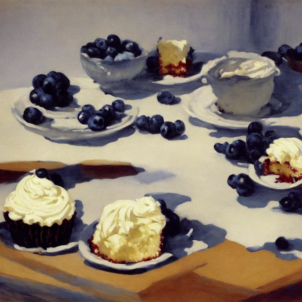 Prompt: painting of 1 blueberry cupcake with creme topping by Edward Hopper