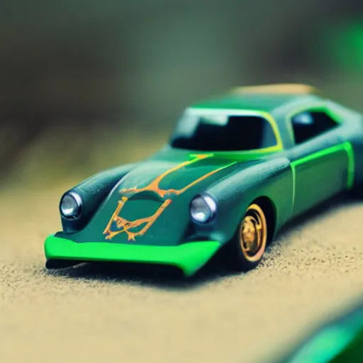 Prompt: 3 5 mm photo of metallic green zelda car like hot wheels model with a hyrule as background, epic cinematic, epic lighting