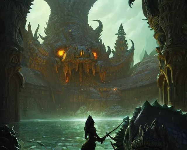 Image similar to crocodile god lair, deep focus, d & d, fantasy, intricate, elegant, highly detailed, digital painting, artstation, concept art, matte, sharp focus, illustration, hearthstone, art by artgerm and greg rutkowski and alphonse mucha