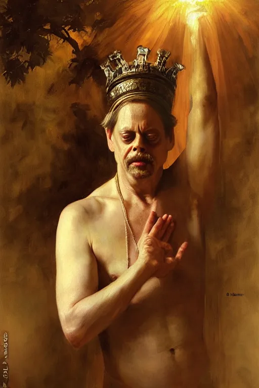 Prompt: beautiful oil painting portrait of ancient roman god emperor steve buscemi wearing the civic crown levitating and ascending religious pose, ascension, art by anders zorn, wonderful masterpiece by greg rutkowski, expressive brush strokes, beautiful cinematic light, american romanticism by greg manchess, jessica rossier