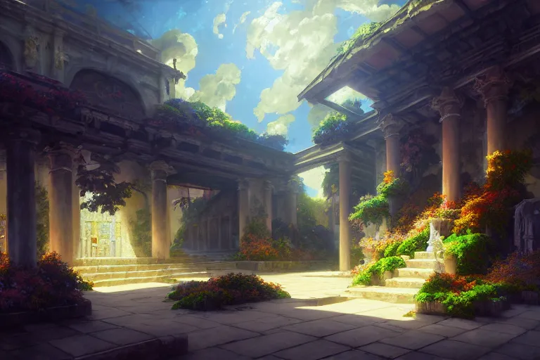 Image similar to baroque oil painting of anime key visual environment concept art of hanging gardens of babylon, brutalist, dark fantasy, rule of thirds, cinematic lighting, fake hidden detail, trending on pixiv fanbox, acrylic palette knife and brush, style of makoto shinkai studio ghibli genshin impact jamie wyeth james gilleard greg rutkowski