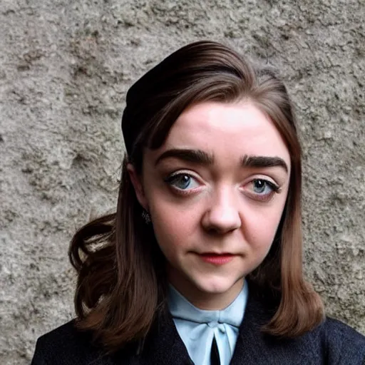 Prompt: a young woman who looks like a cross between audrey hepburn and maisie williams. amused. flirty.