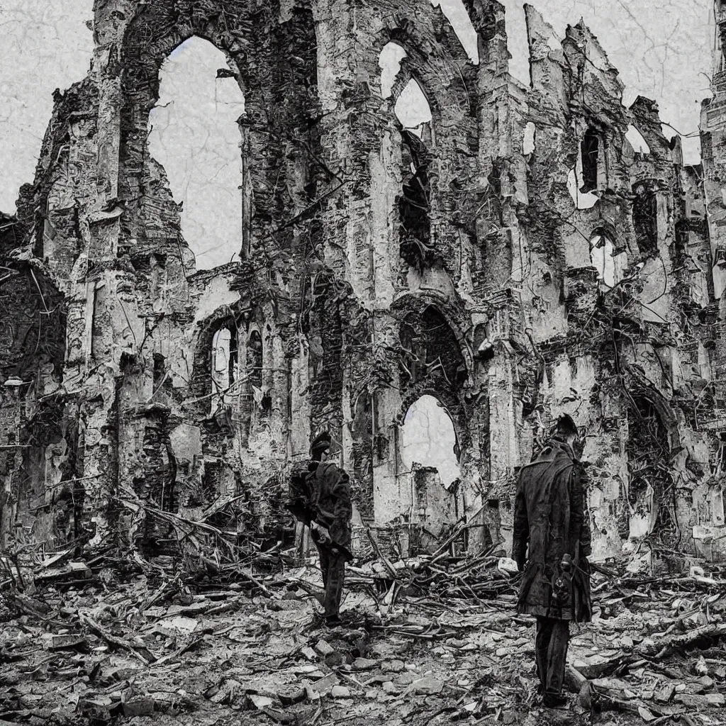 Prompt: lone soldier standing in front of a crumbling ruined church by bill sienkiewicz