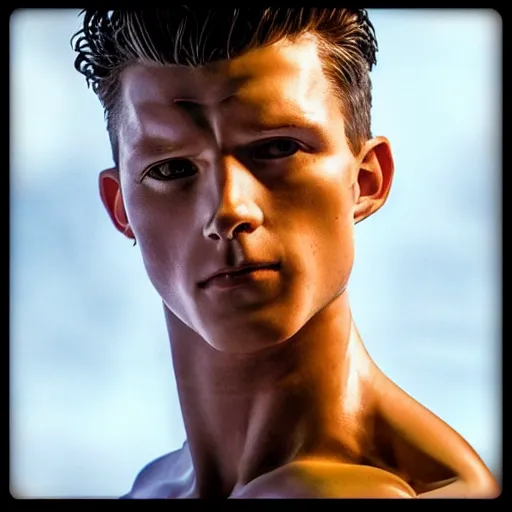 Prompt: “a realistic detailed photo of a guy who is an terminator, who is a male android, Tom Holland, shiny skin, posing like a statue, blank stare”