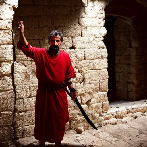 Image similar to award winning cinematic still of 40 year old Mediterranean skinned man in Ancient Canaanite clothing fixing a ruined, crumbled wall in Jerusalem, holding a sword and a chisel, dramatic lighting, nighttime, strong shadows, bright red hues, directed by Jordan Peele
