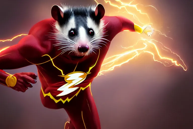 Prompt: a stunning digital painting of a opossum as the flash in spandex costume, running in the speedforce by greg rutkowski, volumetric light, digital art, fine detail, photorealistic