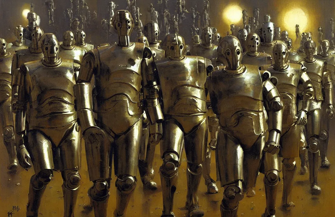 Prompt: march of the cybermen, detailed painting, epic lighting, by ilya repin, phil hale and kent williams