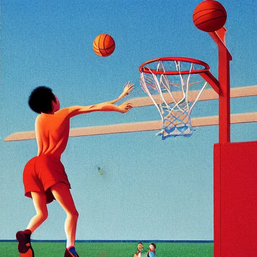 Prompt: a colorful illustration of animals playing basketball, by kawase hasui, Edward Hopper and James Gilleard, Zdzislaw Beksinski, Steven Outram colorful flat surreal design, hd, 8k, artstation