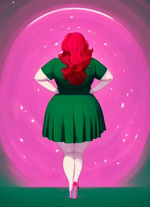 Image similar to full body portrait of teenage cheryl blossom, obese, bangs, green eyes, sultry, realistic, red hair, sultry smirk, wavy hair, pink skirt, fat, intricate, elegant, glowing lights, highly detailed, digital painting, artstation, concept art, smooth, sharp focus, illustration, art by wlop, mars ravelo and greg rutkowski