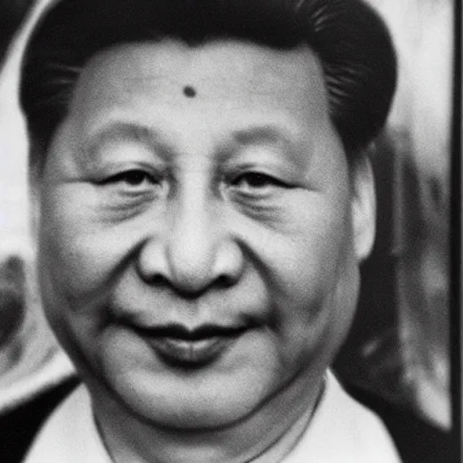 Image similar to photo of Xi Jinping by Diane Arbus, extreme closeup, black and white, high contrast, Rolleiflex, 55mm f/4 lens