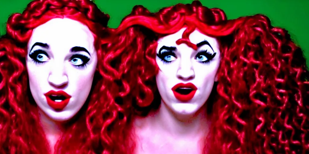 Prompt: camcorder video of young woman as medusa as miranda sings, multiple poses, 6 4 0 x 4 8 0 low resolution video