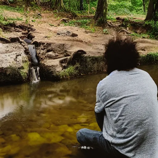 Image similar to a caveman kneeling down at a river, an looking at his own reflection cinematic 3 5 mm 8 k realistic