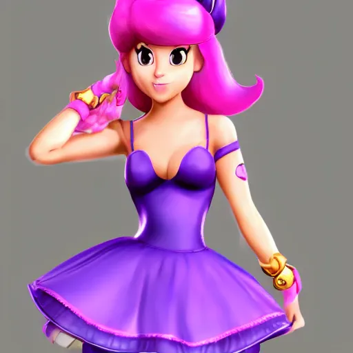 Prompt: The new Nintendo princess twin sister to princess peach wearing a royal purple miniskirt hyperpop outfit who is a gorgeous supermodel Latina with big thighs and a thin upper body deep purple hair and a confident and flirty attitude Nintendo concept art. Cute, pretty, young woman's face. Full body shot detailed video game character art.