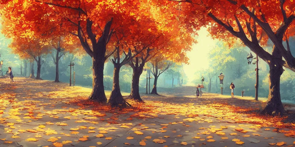 Image similar to autumn street with falling leaves, evening, highly detailed, low angle view, studio ghibli, artstation