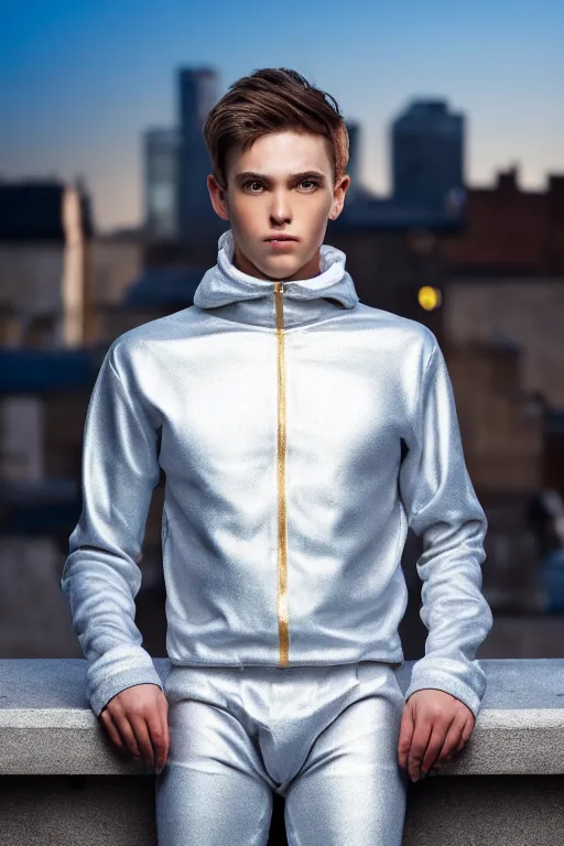 Image similar to un ultra high definition studio quality photographic art portrait of a young man standing on the rooftop of a british apartment building wearing soft padded silver pearlescent clothing. three point light. extremely detailed. golden ratio, ray tracing, volumetric light, shallow depth of field. set dressed.