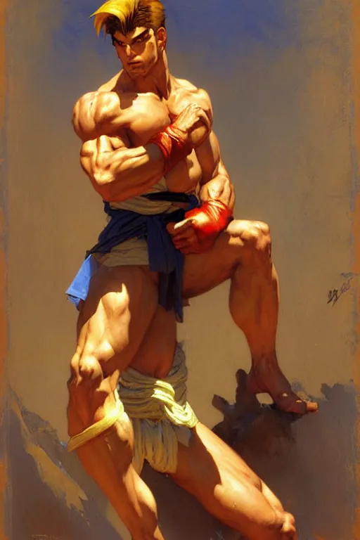 Prompt: street fighter, attractive male, character design, dynamic lighting, cool and bright tint, painting by gaston bussiere, craig mullins, j. c. leyendecker, tom of finland