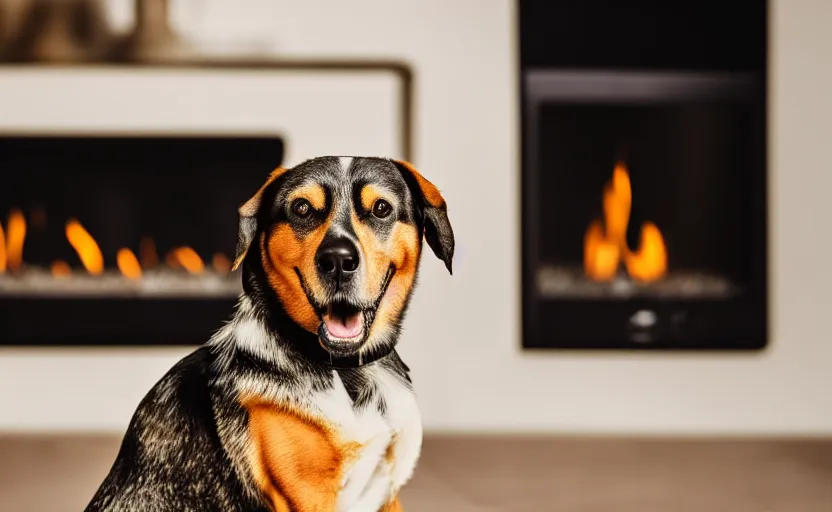 Image similar to studio photography of a dog in front of a fireplace, detailed face, cinematic lighting, 8 k