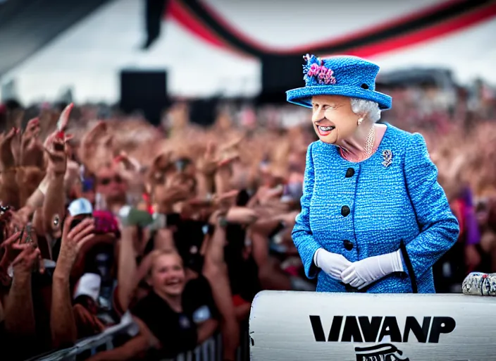 Image similar to photo still of queen elizabeth on stage at vans warped tour!!!!!!!! at age 7 0 years old 7 0 years of age!!!!!!! in the mosh pit, 8 k, 8 5 mm f 1. 8, studio lighting, rim light, right side key light