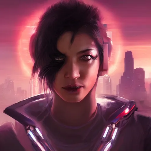 Prompt: portrait of a young female cyberpunk assassin, implanted eyelenses, black hair, dramatic light, city background, sunset, high contrast, sharp, painted by stanley lau, painted by greg rutkowski, painted by stanley artgerm, digital art, trending on artstation