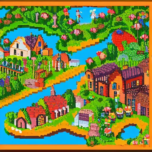 Image similar to sunny magical village with fairies and animals and plants and brewery and mill and giant sleeping next to it, pixel art