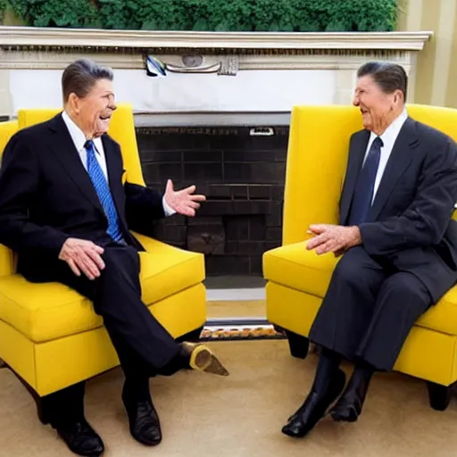 Image similar to a minion meeting president ronald reagan, zoom photograph, oval office, despicable me minions