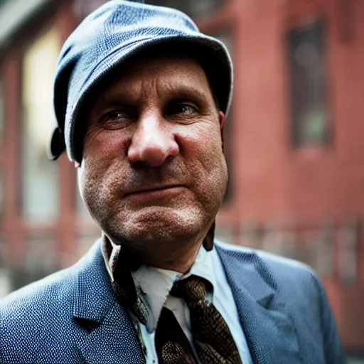 Prompt: closeup portrait of a snake oil salesman in a smoky new york back street, photograph, magazine, press, photo