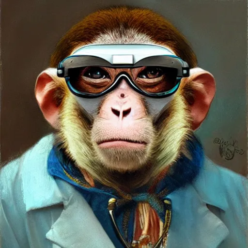 Image similar to portrait of a monkey doctor, artwork by gaston bussiere, craig mullins, trending on artstation, monkey dressed as a scientist, using googles and wearing a doctor coat