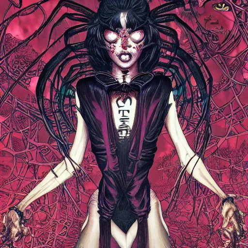 Prompt: portrait of crazy dark girl with spiders around, symmetrical, by yoichi hatakenaka, masamune shirow, josan gonzales and dan mumford, ayami kojima, takato yamamoto, barclay shaw, karol bak, yukito kishiro