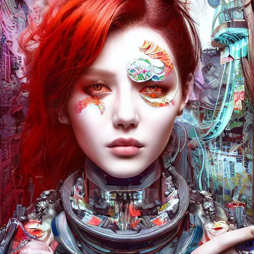 Image similar to the portrait of an absurdly beautiful, graceful, elegant, sophisticated, fashionable cyberpunk gravure idol, an ultrafine hyperdetailed illustration by kim jung gi, irakli nadar, intricate linework, bright colors, collage, porcelain skin, unreal engine 5 highly rendered, global illumination, radiant light, detailed and intricate environment