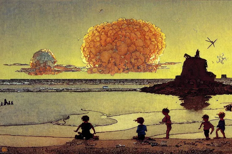 Prompt: children playing at the beach, huge atomic explosion in the background, view from above, detailed, by norman rockwell, by mattias adolfsson, by moebius, oil on canvas,