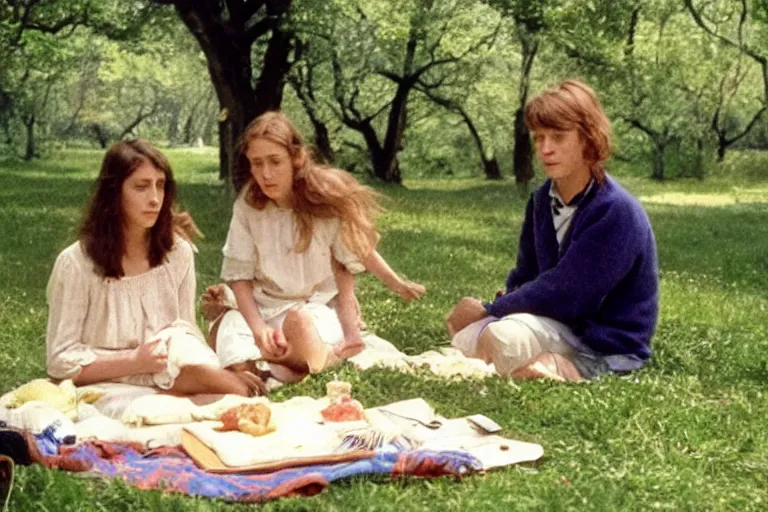 Image similar to An Utopia : A family composed of two women from different etnicity and a genderless child, are having a Picnic and reading philosophy by Eric Rohmer, close-up, 8K, award winning movie, 16mm, very beautiful, stunning, calm atmosphere, warm
