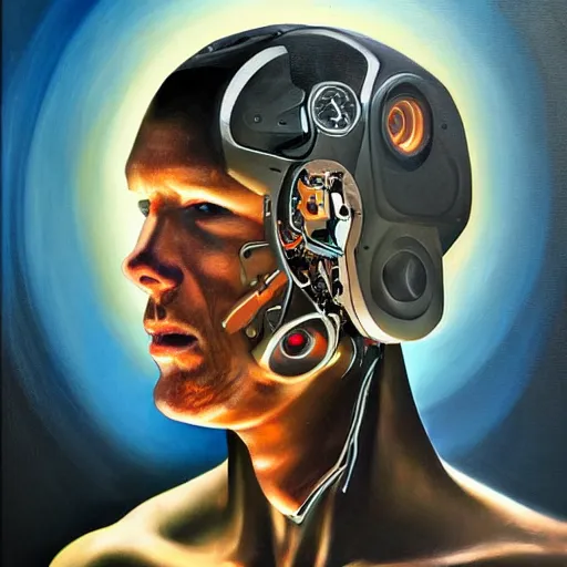 Image similar to amazing portrait of a cyborg man, oil painting. HD