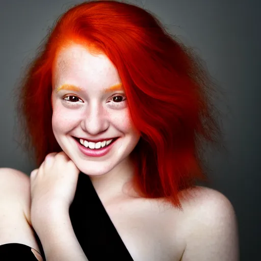 Image similar to artistic photo of a young beautiful woman with red hair looking at the camera, smiling slightly, studio lighting, award winning photo by Annie Liebowitz