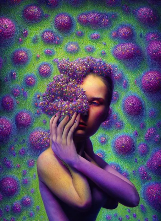 Image similar to hyper detailed 3d render like a Oil painting - Aurora (Singer) Eats of the Strangling Fruit of penance and Her Hands full of gossamer polyp blossoms bring iridescent fungal flowers whose spores black the foolish stars by Jacek Yerka, Mariusz Lewandowski, Houdini algorithmic generative render, Abstract brush strokes, Masterpiece, Edward Hopper and James Gilleard, Zdzislaw Beksinski, Mark Ryden, Wolfgang Lettl, hints of Yayoi Kasuma, octane render, 8k