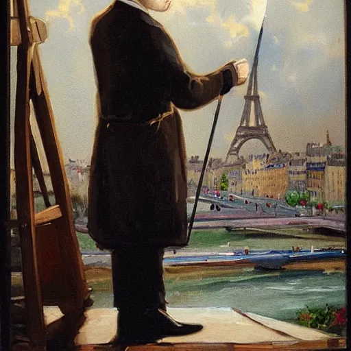 Prompt: mcgregor is dressed as a gentleman at early 2 0 th century paris. he is watching an easel. that easel has a canvas on it. ewan mcgregor has a brush on his hand. he is painting a painting. there is a small brown cat with yellow eyes on ewan mcgregors feet. on background has river seine, morning sun, dark clouds, lightning, dc comics