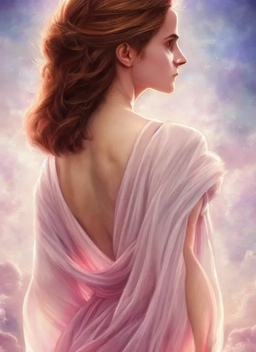 Image similar to emma watson as nature magic celestial, back pose, long hair, soft pink and white transparent cloth, space, D&D, shiny background, intricate, elegant, highly detailed, digital painting, artstation, concept art, smooth, sharp focus, illustration, artgerm, bouguereau