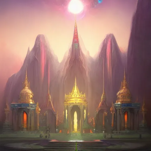 Image similar to grand palace temple for leader of galactic empire by peter mohrbacher, vivid colors, matte painting, 8K, concept art, mystical color scheme, trending on artstation