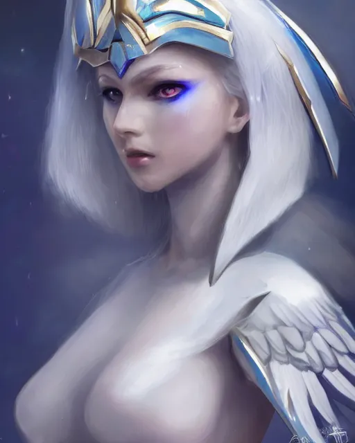 Prompt: perfect white haired attractive egyptian goddess with huge white dove wings, warframe armor, beautiful, symmetric, dreamy, half asian, pretty face, blue eyes, detailed, scifi platform, laboratory, experiment, 4 k, ultra realistic, epic lighting, android body, illuminated, cinematic, masterpiece, art by akihito tsukushi, voidstar, livia prima