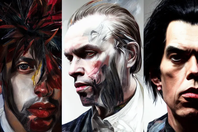 Prompt: a portrait of nick cave, masterpiece, dramatic lighting, painting by caravaggio and ruan jia and daytoner and jakub rebelka and android jones