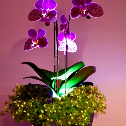 Image similar to an orchid flower made of metal, cybertronic, reflective, glowing