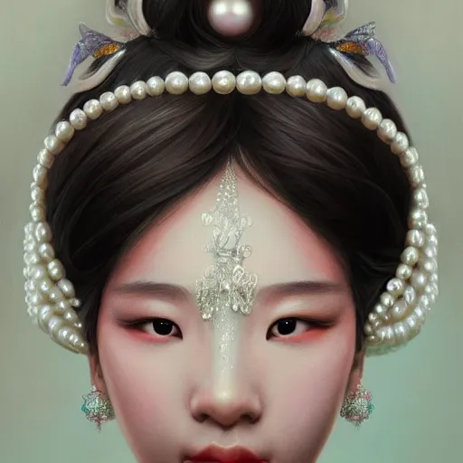 Image similar to a beautiful portrait of a pearl goddess with glittering skin, a detailed painting by sim sa - jeong, featured on cgsociety, fantasy art, detailed painting, artstation hd, photorealistic