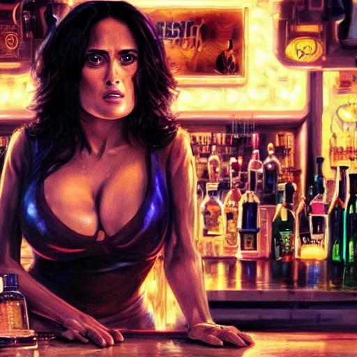 Image similar to salma hayek in a cyberpunk city bar, perfect proportions, beautiful face, perfect eyes, real life colors, elegant, sharp focus, hyper - realistic, 4 k, highly detailed, hd, dramatic lighting by brom