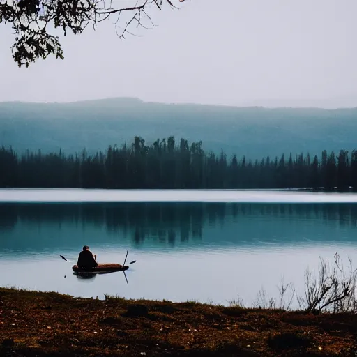 Image similar to Mysty lake, single human floating in the lake in the distance, dark