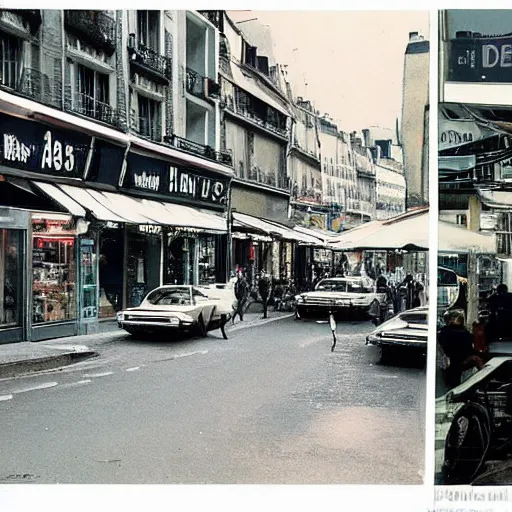 Prompt: une rue de paris vide avec des voitures garees, un restaurant avec une terrasse, des boutiques avec des neons, en debut de matinee ( ( ( ( ( en 1 9 8 0 ) ) ) ) )