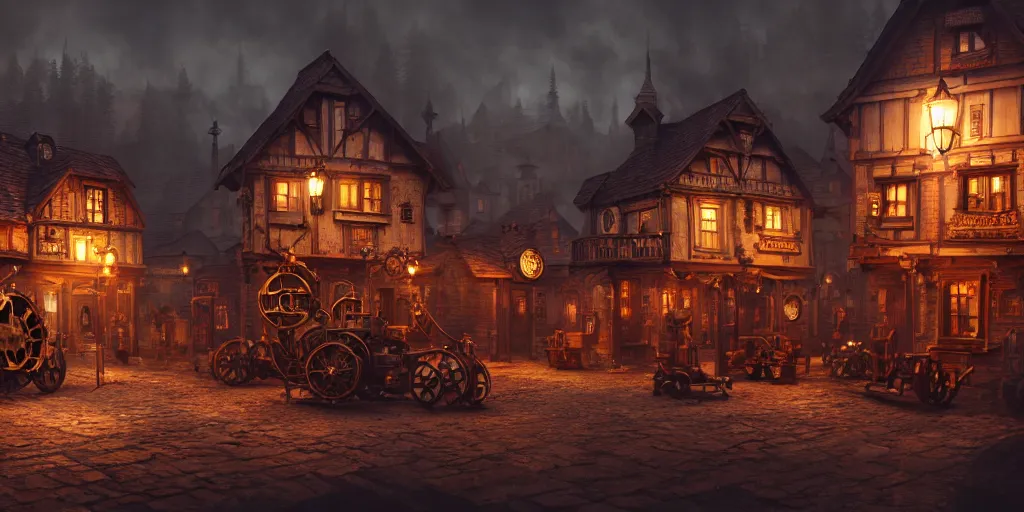 Image similar to a small steampunk wooden village, rich, cyborgs, dark aesthetic, soft colours, natural, steam, big clocks, concept art, octane render, unreal engine, in the style of luca guadagnino, highly detailed, high quality, artstation, digital art, 8 k hdr, cinematic, dramatic lighting, scenic, rich colour scheme